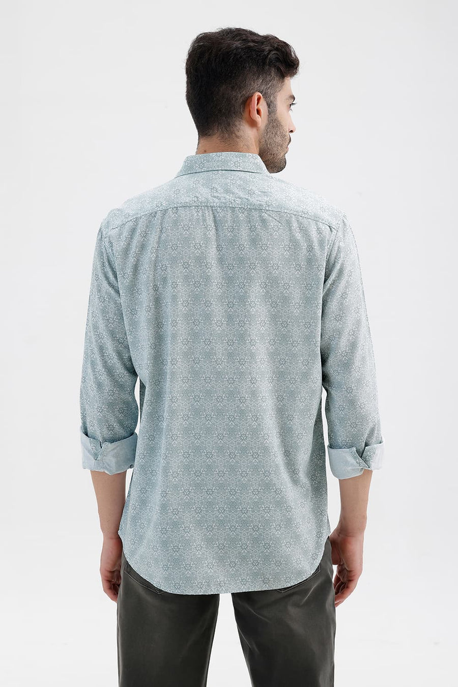 BASICS SLIM FIT WASABI GREEN COTTON VISCOSE DIGITAL PRINTED SHIRT