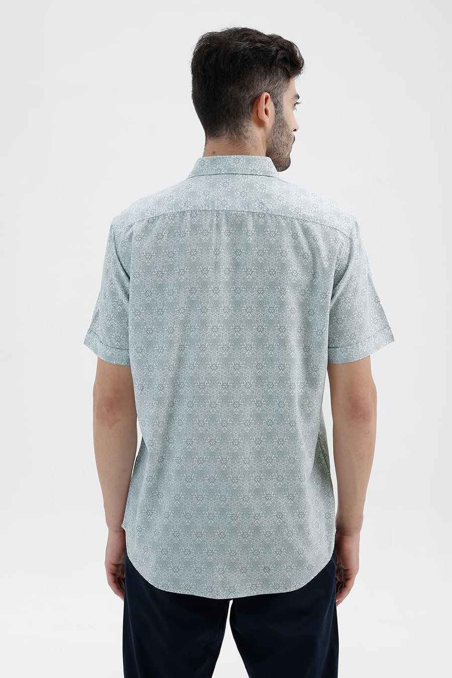 BASICS SLIM FIT WASABI GREEN COTTON VISCOSE DIGITAL PRINTED HALFSLEEVES SHIRT