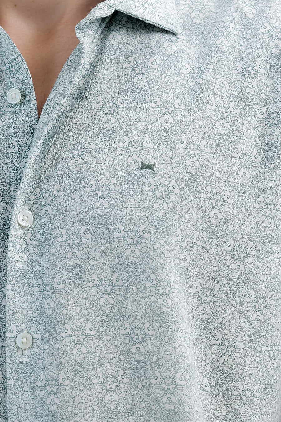 BASICS SLIM FIT WASABI GREEN COTTON VISCOSE DIGITAL PRINTED HALFSLEEVES SHIRT