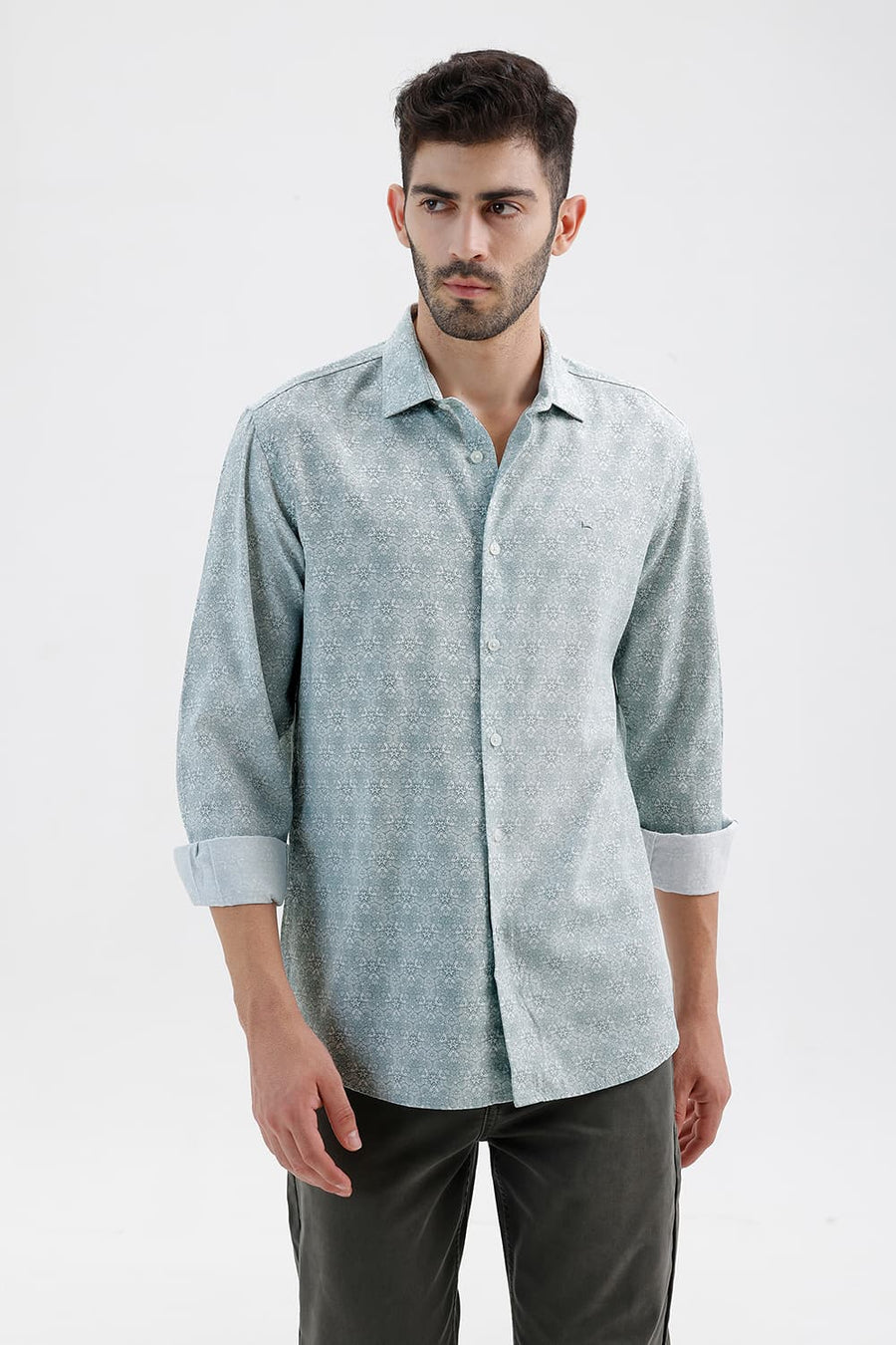 BASICS SLIM FIT WASABI GREEN COTTON VISCOSE DIGITAL PRINTED SHIRT