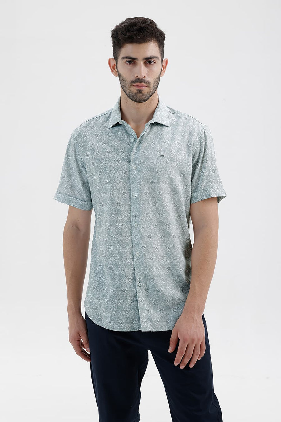 BASICS SLIM FIT WASABI GREEN COTTON VISCOSE DIGITAL PRINTED HALFSLEEVES SHIRT