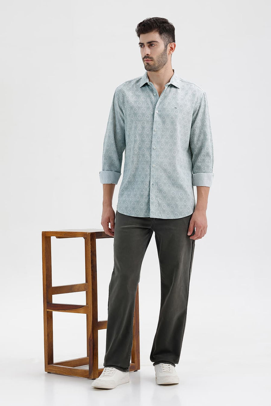 BASICS SLIM FIT WASABI GREEN COTTON VISCOSE DIGITAL PRINTED SHIRT