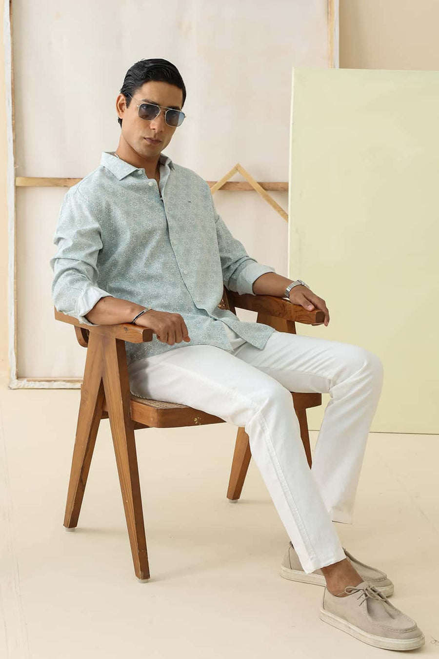 Basics Slim Fit Wasabi Green Cotton Viscose Digital Printed Shirt