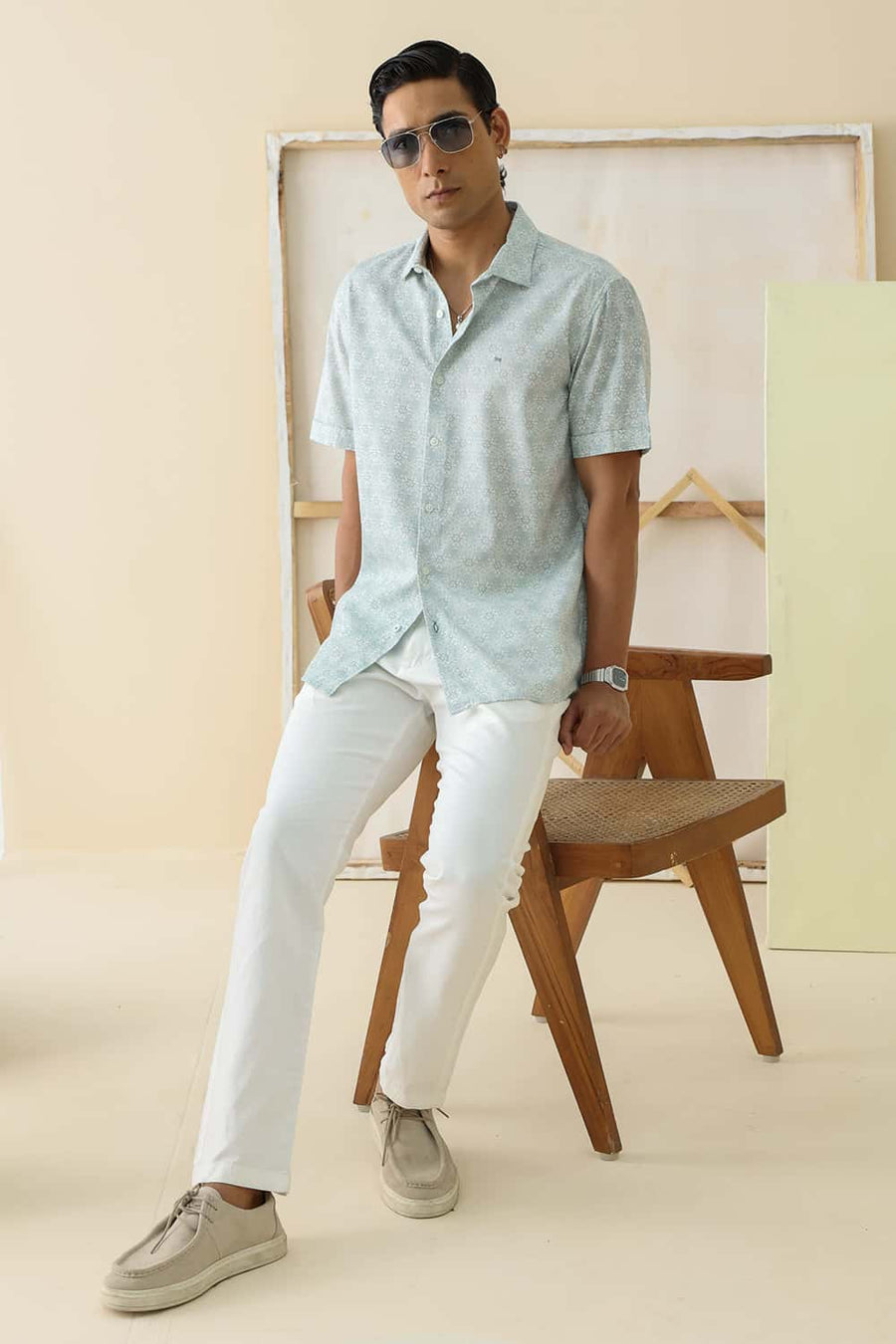 Basics Slim Fit Wasabi Green Cotton Viscose Digital Printed Halfsleeves Shirt