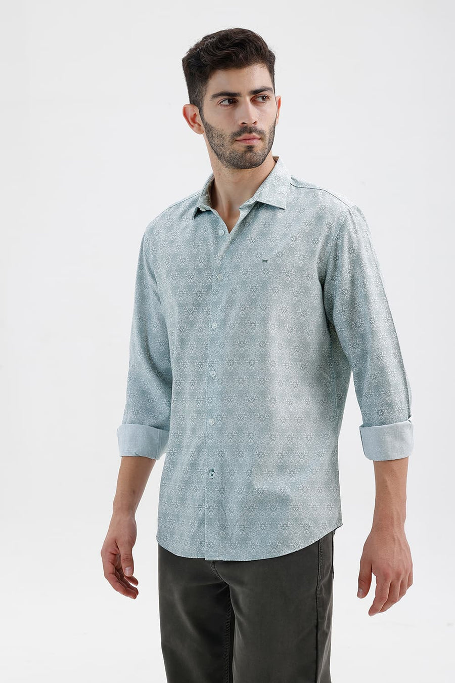 BASICS SLIM FIT WASABI GREEN COTTON VISCOSE DIGITAL PRINTED SHIRT