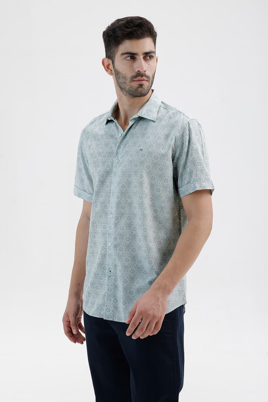 BASICS SLIM FIT WASABI GREEN COTTON VISCOSE DIGITAL PRINTED HALFSLEEVES SHIRT