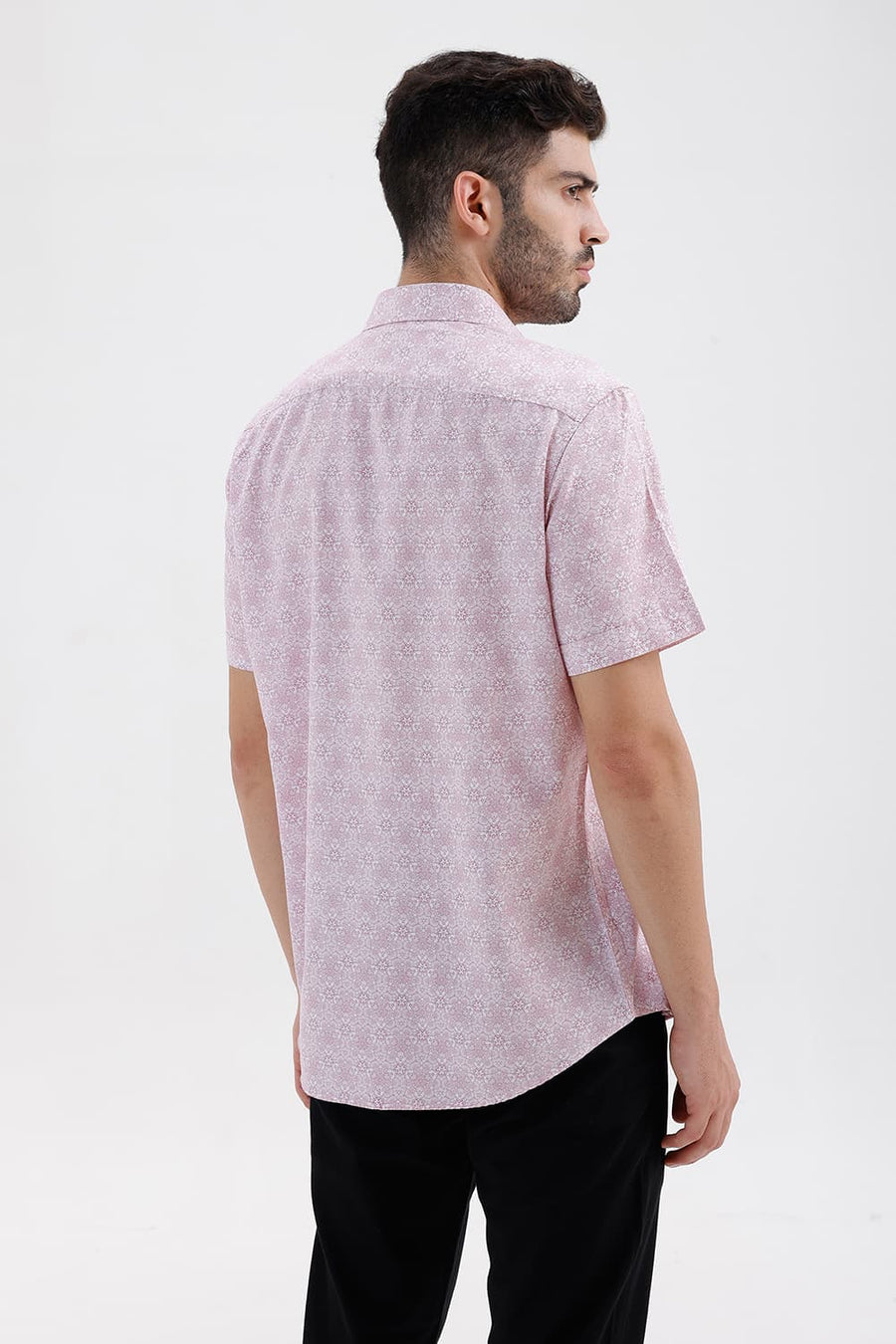 BASICS SLIM FIT ZEPHYR PINK COTTON VISCOSE DIGITAL PRINTED HALFSLEEVES SHIRT