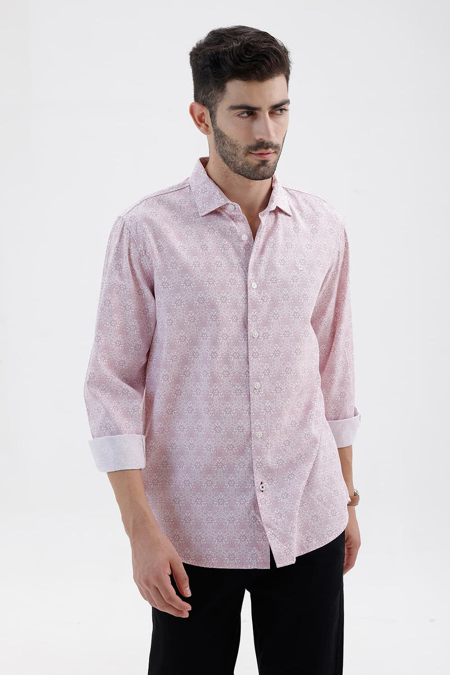 BASICS SLIM FIT ZEPHYR PINK COTTON VISCOSE DIGITAL PRINTED SHIRT