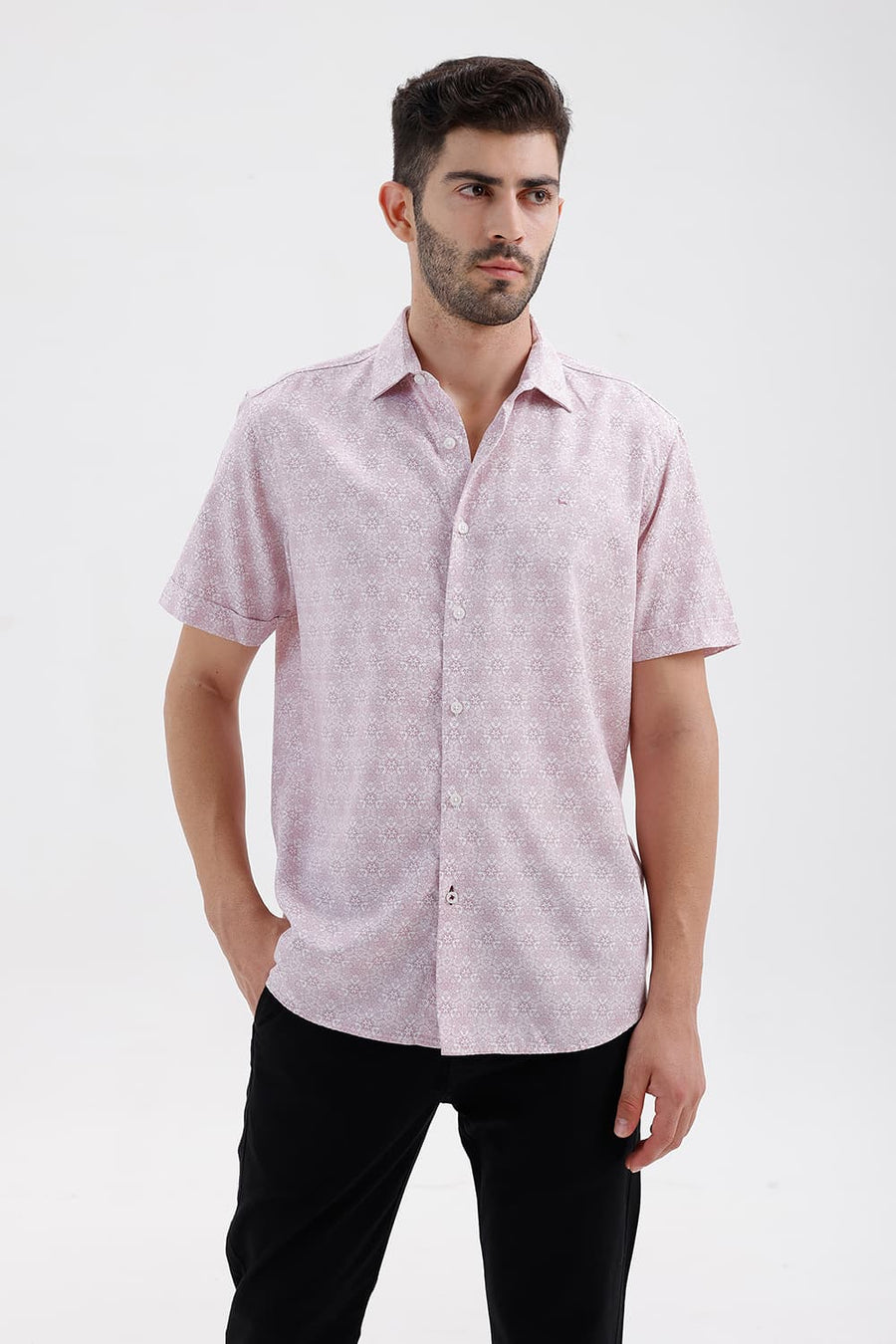 BASICS SLIM FIT ZEPHYR PINK COTTON VISCOSE DIGITAL PRINTED HALFSLEEVES SHIRT