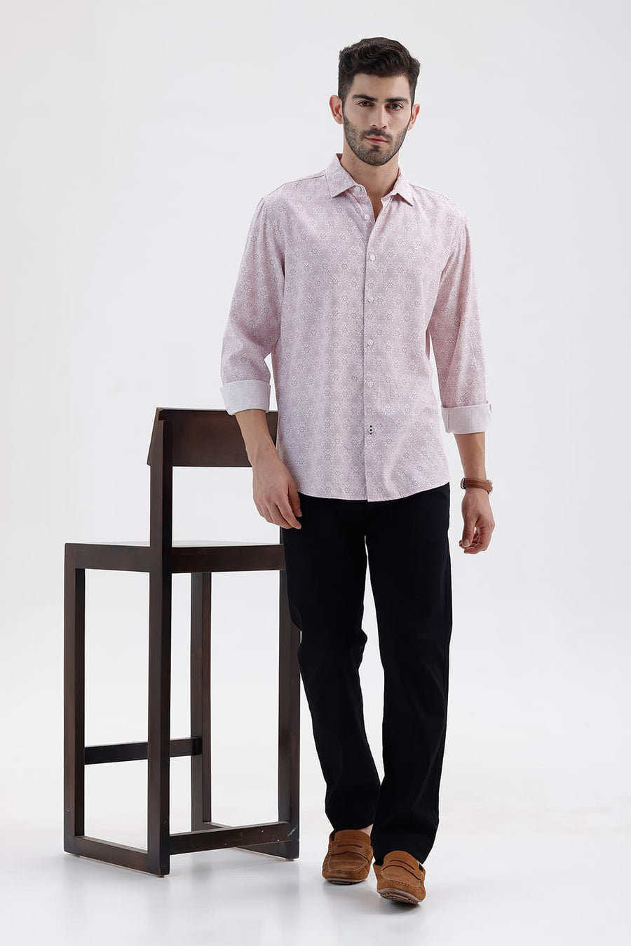 BASICS SLIM FIT ZEPHYR PINK COTTON VISCOSE DIGITAL PRINTED SHIRT