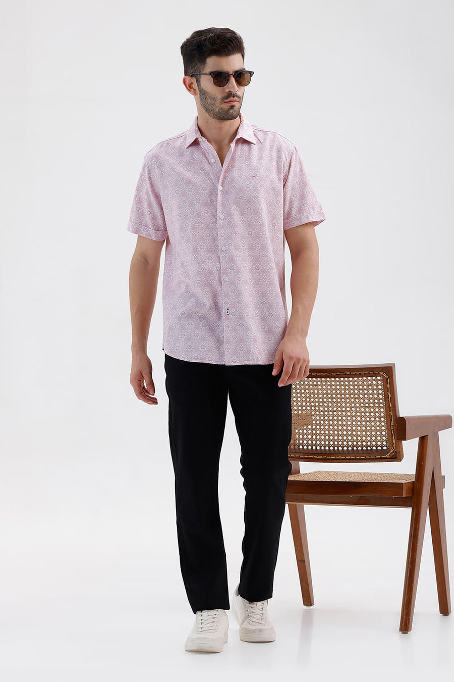 BASICS SLIM FIT ZEPHYR PINK COTTON VISCOSE DIGITAL PRINTED HALFSLEEVES SHIRT