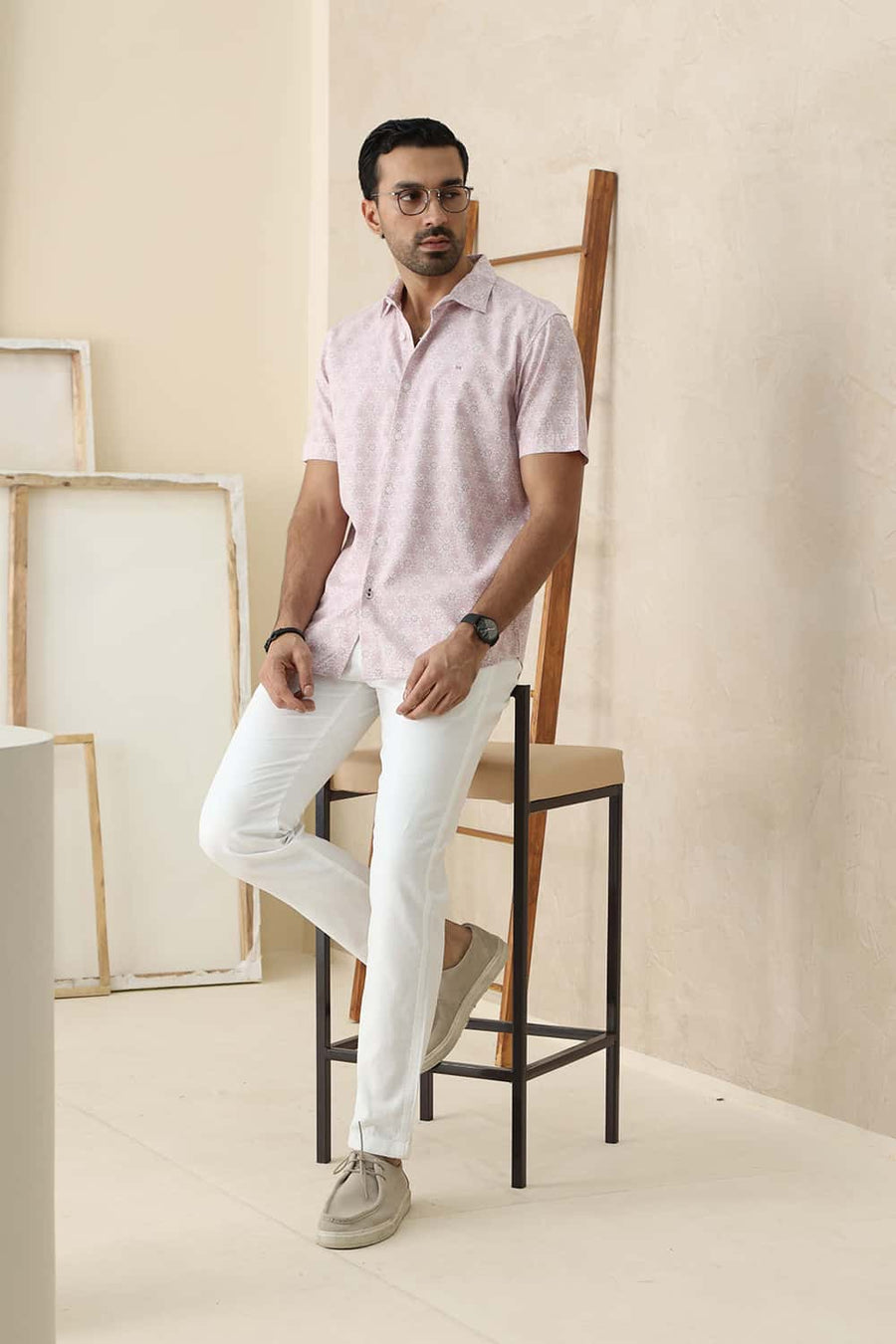 Basics Slim Fit Zephyr Pink Cotton Viscose Digital Printed Halfsleeves Shirt