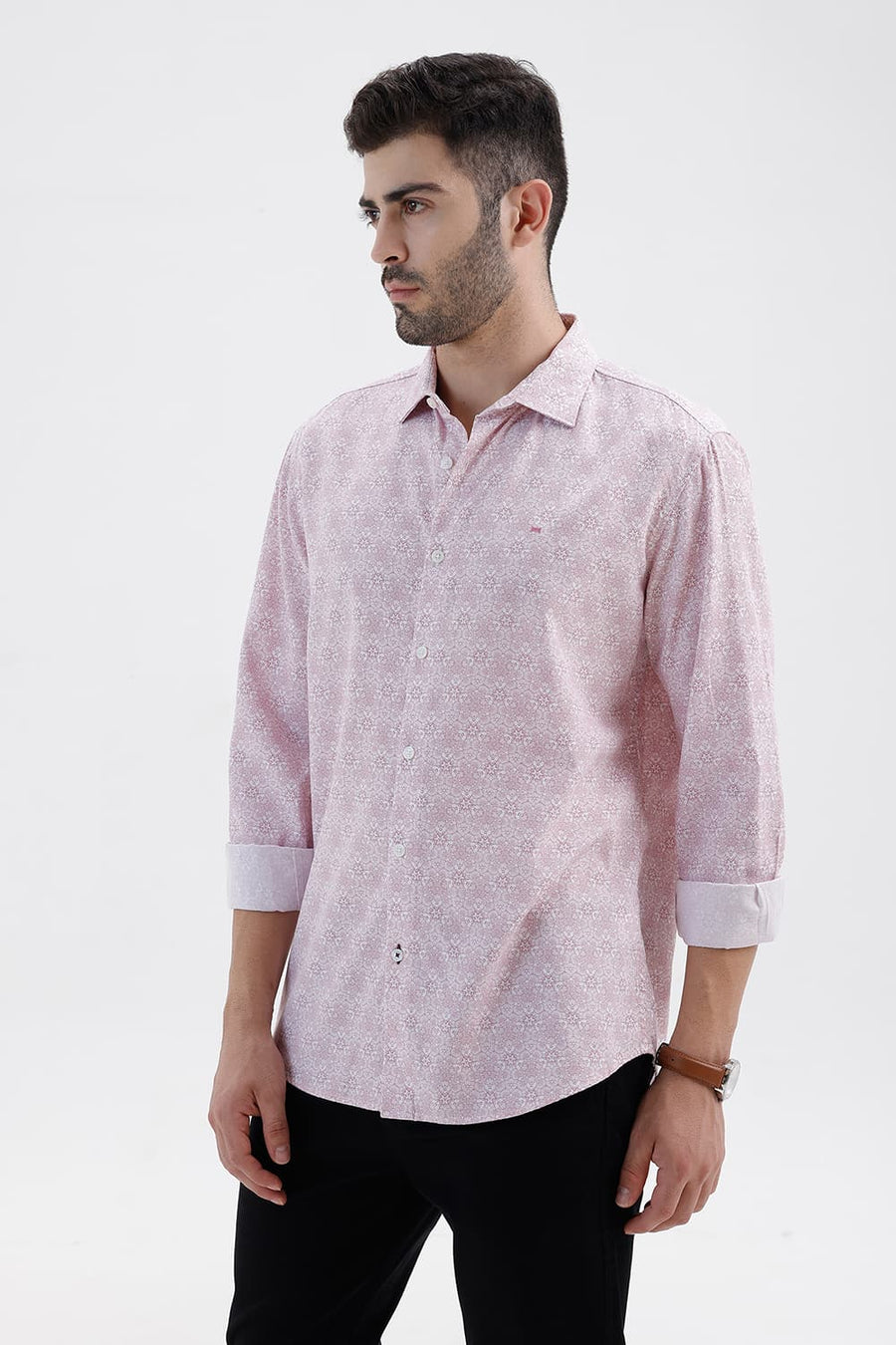 BASICS SLIM FIT ZEPHYR PINK COTTON VISCOSE DIGITAL PRINTED SHIRT