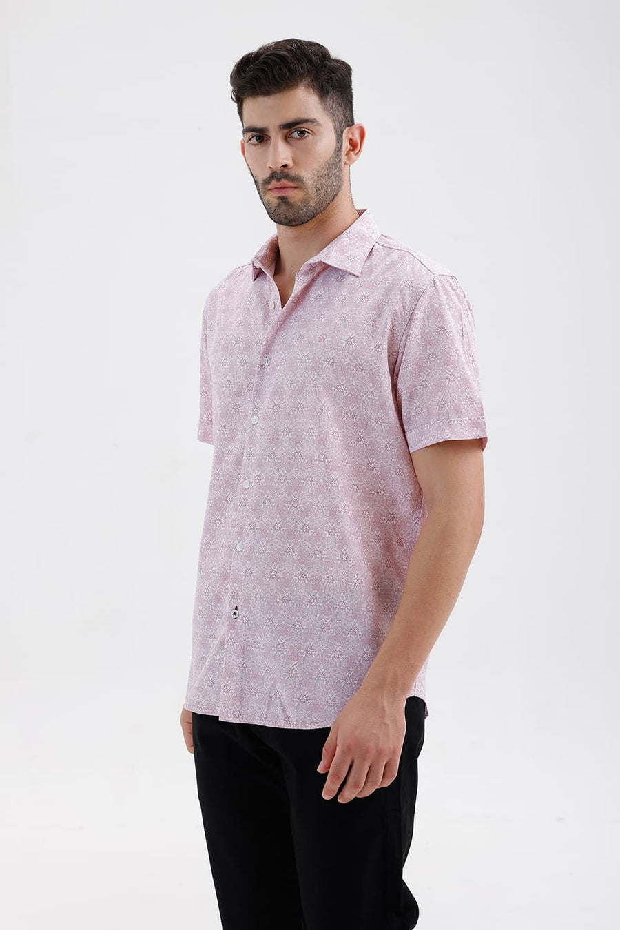 BASICS SLIM FIT ZEPHYR PINK COTTON VISCOSE DIGITAL PRINTED HALFSLEEVES SHIRT