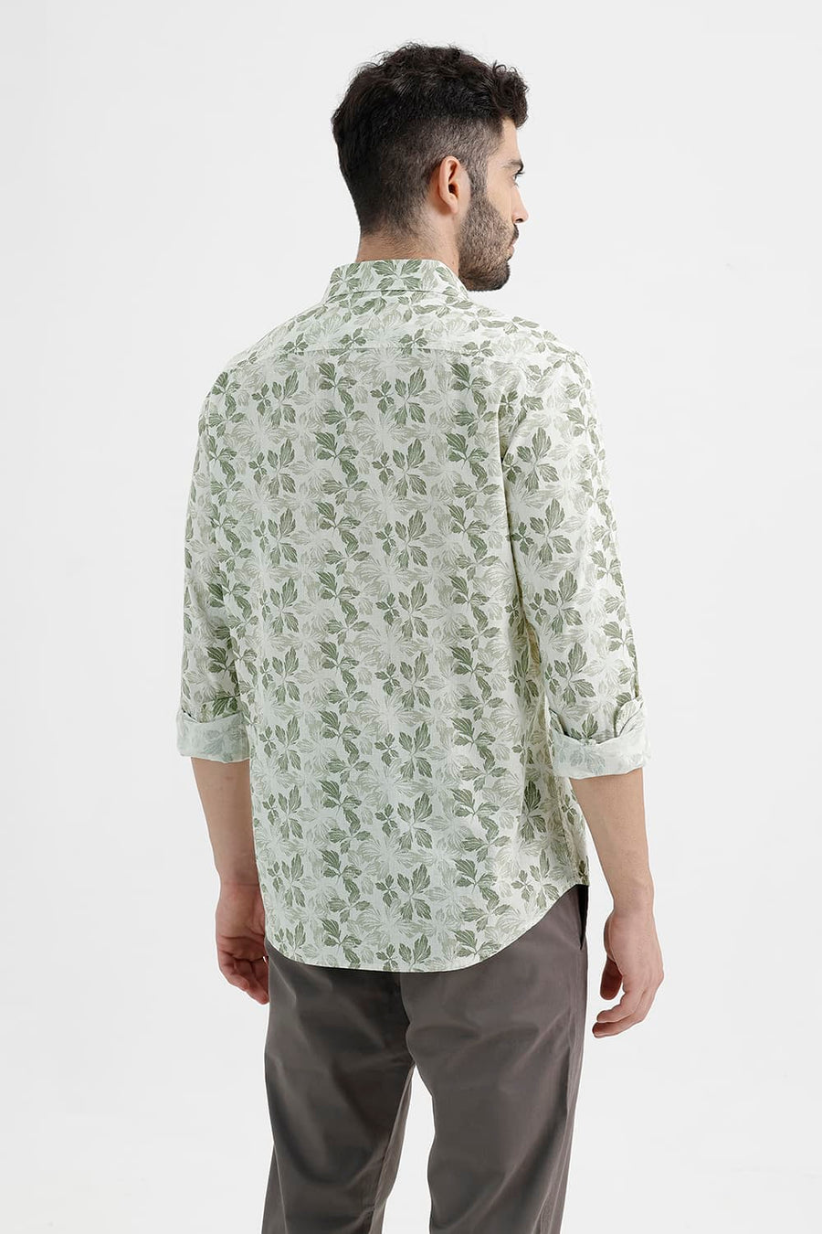 BASICS SLIM FIT ALFALFA OLIVE COTTON LINEN PRINTED SHIRT