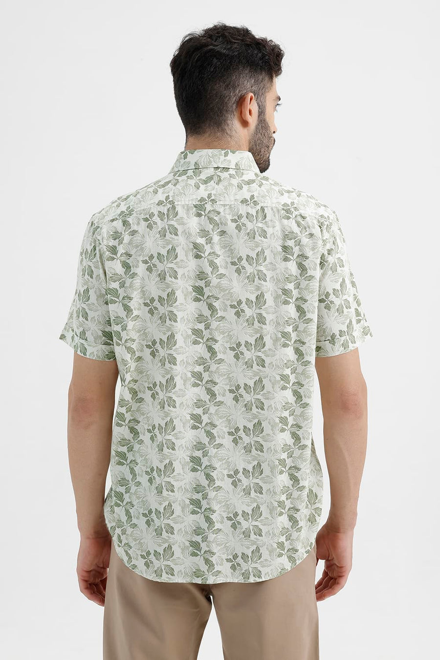 BASICS SLIM FIT ALFALFA OLIVE COTTON LINEN PRINTED HALFSLEEVES SHIRT