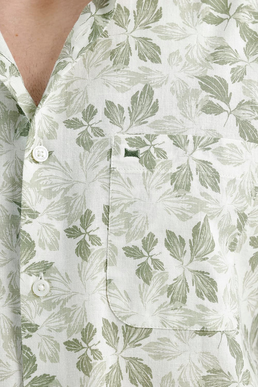 BASICS SLIM FIT ALFALFA OLIVE COTTON LINEN PRINTED SHIRT