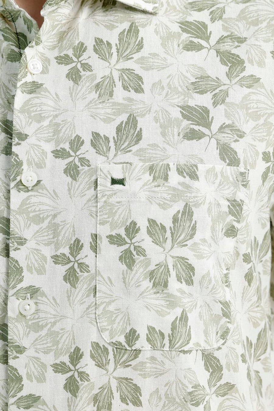 BASICS SLIM FIT ALFALFA OLIVE COTTON LINEN PRINTED HALFSLEEVES SHIRT