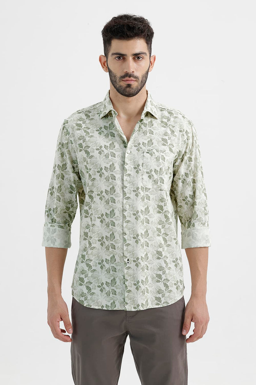 BASICS SLIM FIT ALFALFA OLIVE COTTON LINEN PRINTED SHIRT