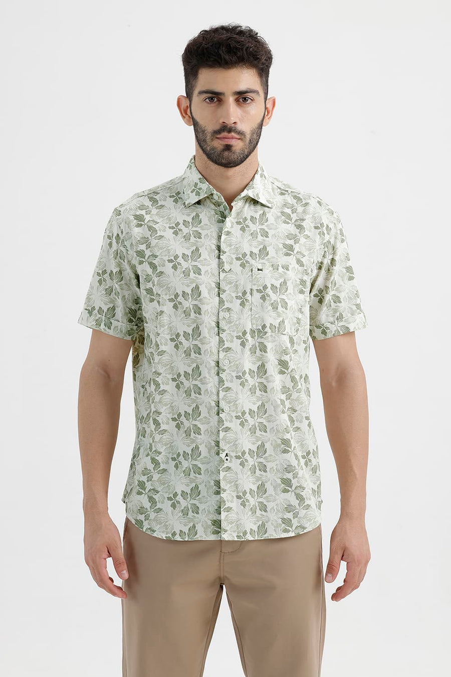 BASICS SLIM FIT ALFALFA OLIVE COTTON LINEN PRINTED HALFSLEEVES SHIRT