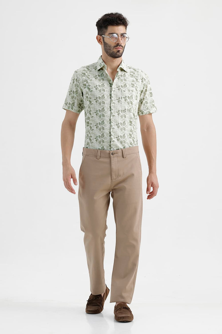 BASICS SLIM FIT ALFALFA OLIVE COTTON LINEN PRINTED HALFSLEEVES SHIRT