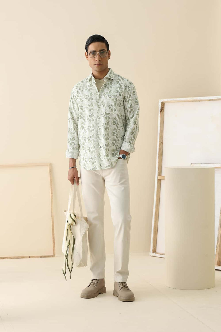 Basics Slim Fit Alfalfa Olive Cotton Linen Printed Shirt