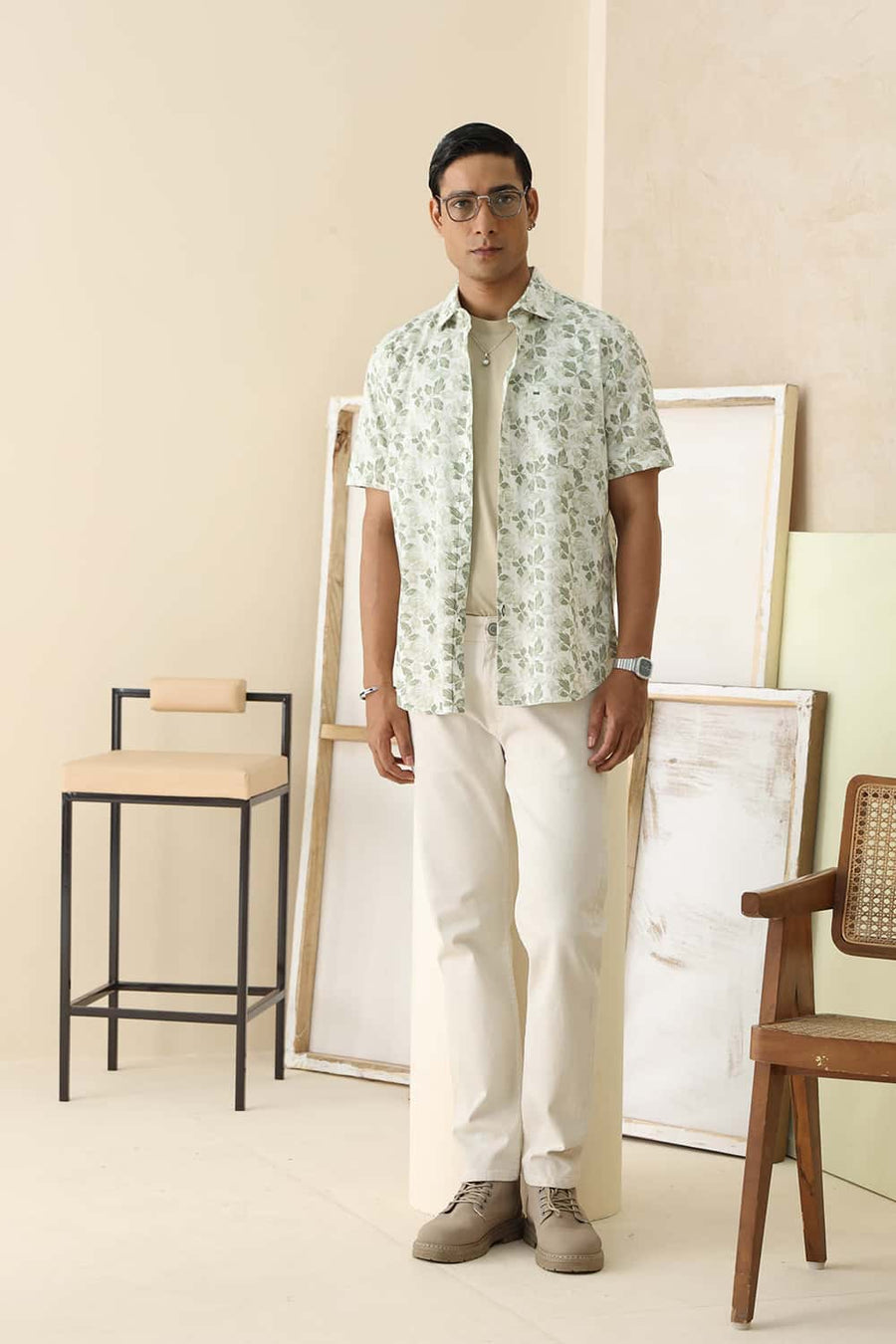 Basics Slim Fit Alfalfa Olive Cotton Linen Printed Halfsleeves Shirt