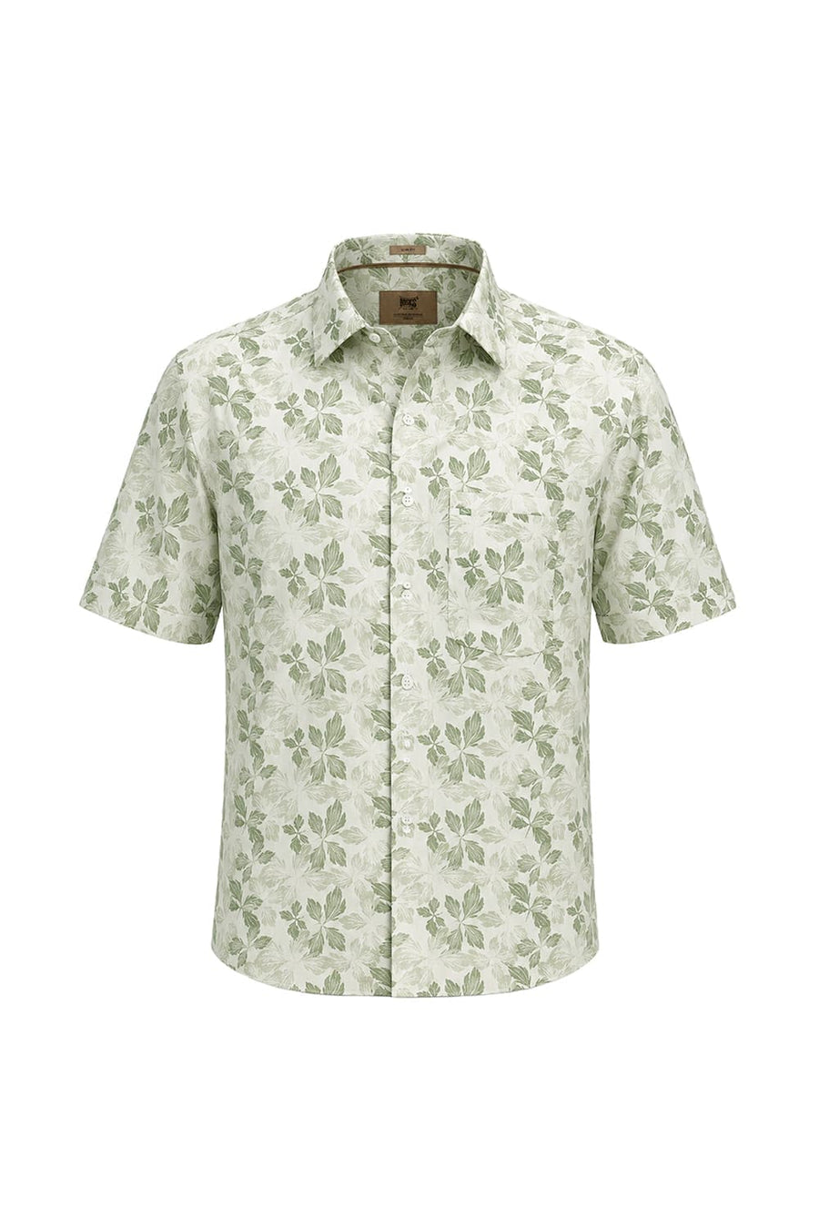 BASICS SLIM FIT ALFALFA OLIVE COTTON LINEN PRINTED HALFSLEEVES SHIRT