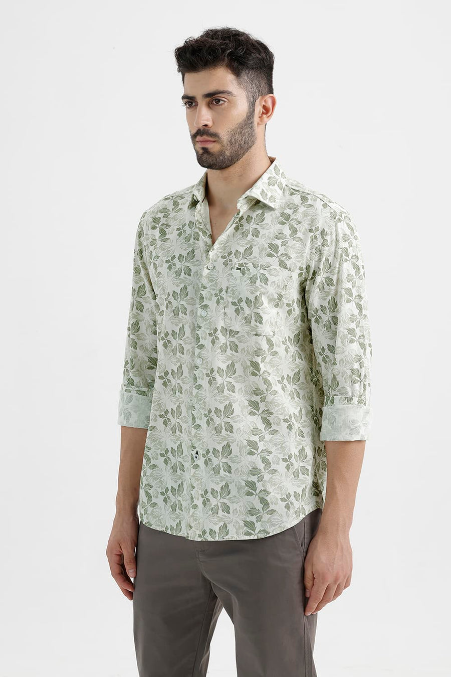 BASICS SLIM FIT ALFALFA OLIVE COTTON LINEN PRINTED SHIRT