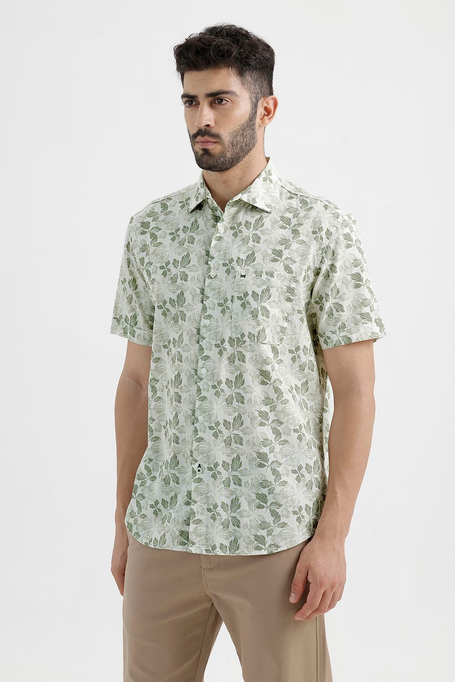BASICS SLIM FIT ALFALFA OLIVE COTTON LINEN PRINTED HALFSLEEVES SHIRT