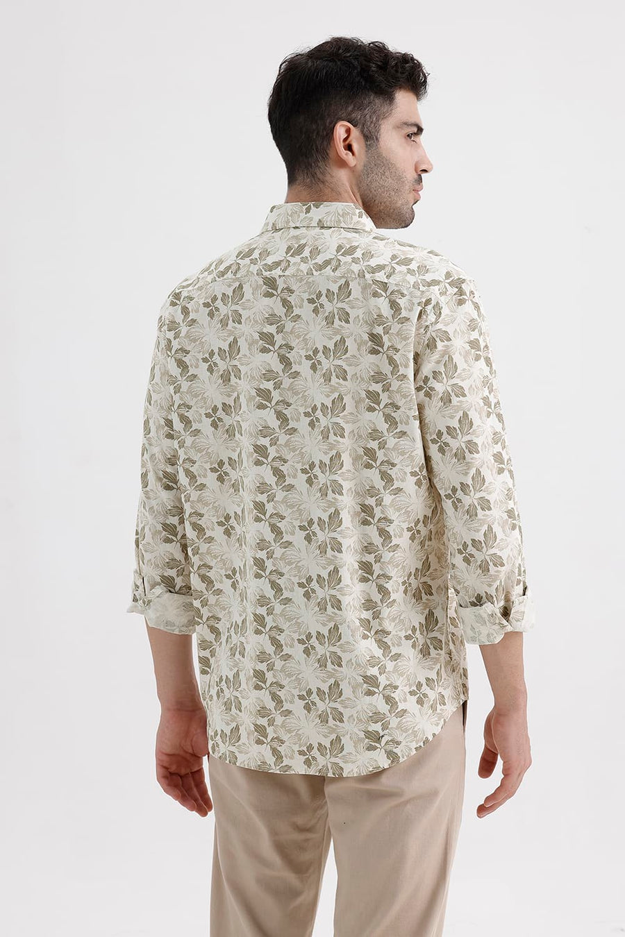 BASICS SLIM FIT NOMAD BROWN COTTON LINEN PRINTED SHIRT