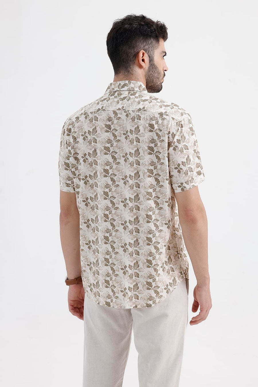 BASICS SLIM FIT NOMAD BROWN COTTON LINEN PRINTED HALFSLEEVES SHIRT
