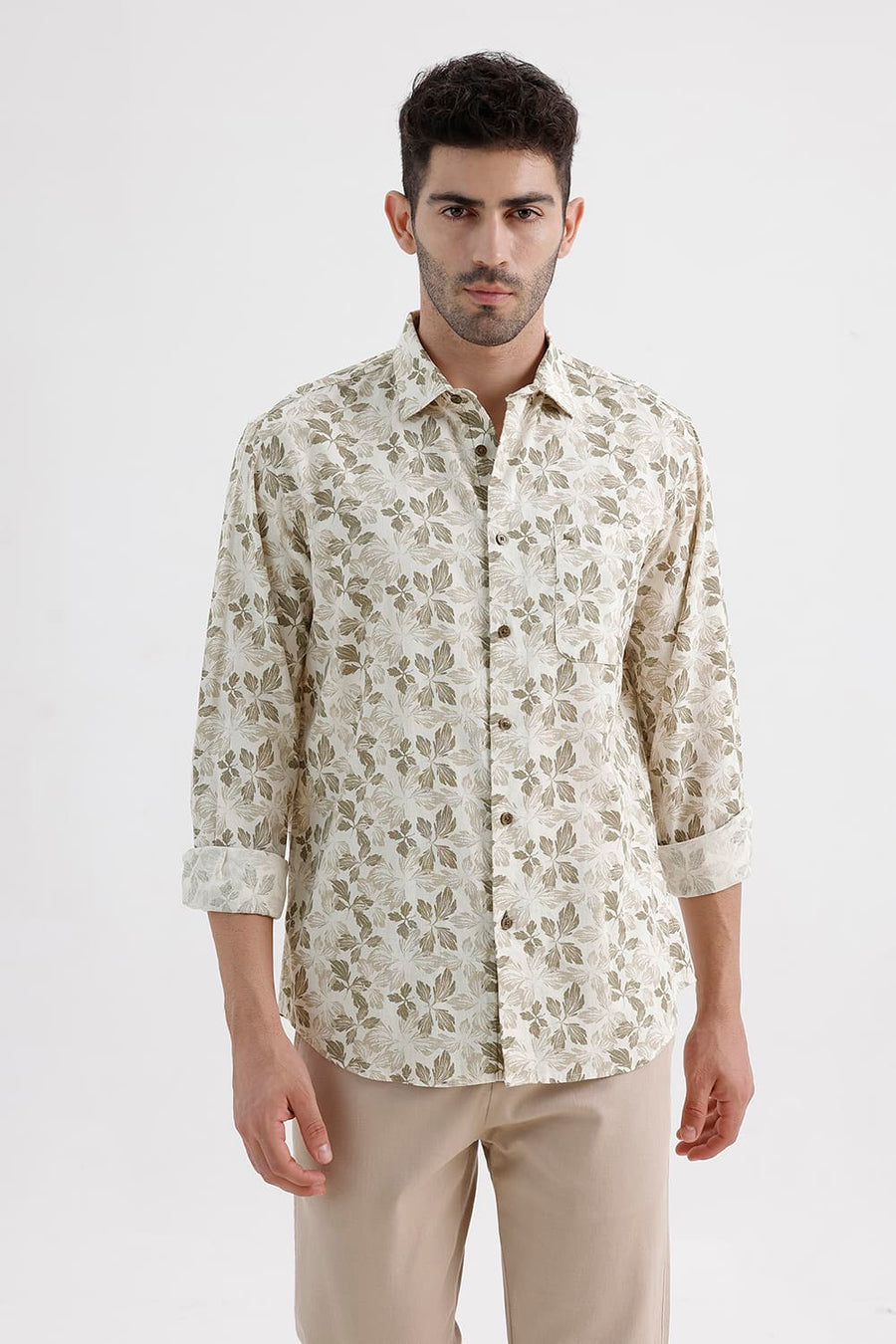 BASICS SLIM FIT NOMAD BROWN COTTON LINEN PRINTED SHIRT