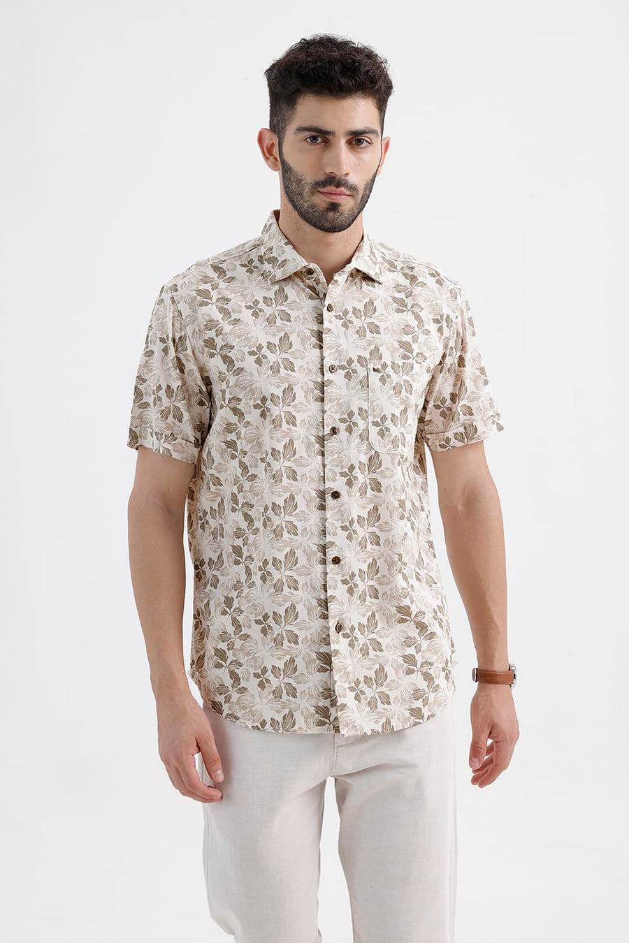 BASICS SLIM FIT NOMAD BROWN COTTON LINEN PRINTED HALFSLEEVES SHIRT