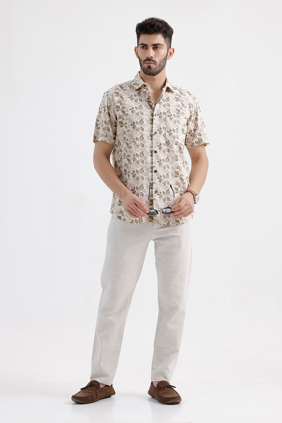BASICS SLIM FIT NOMAD BROWN COTTON LINEN PRINTED HALFSLEEVES SHIRT