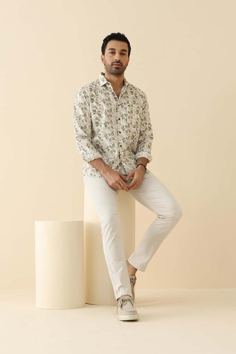 Basics Slim Fit Nomad Brown Cotton Linen Printed Shirt