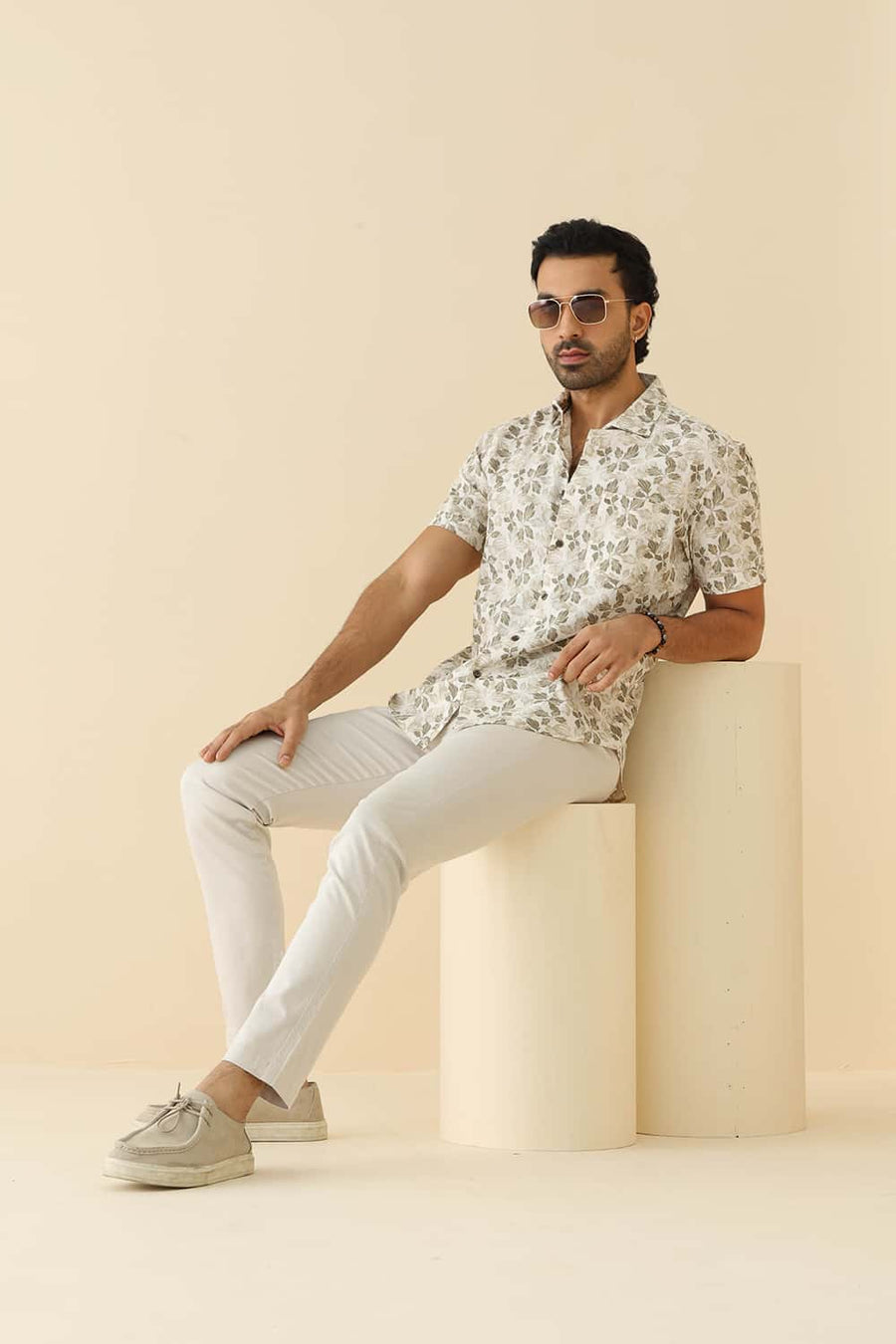 Basics Slim Fit Nomad Brown Cotton Linen Printed Halfsleeves Shirt