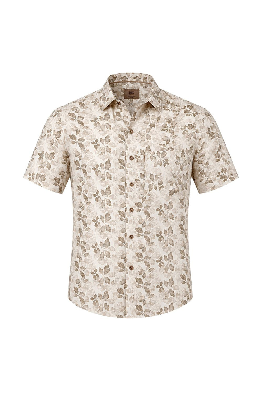 BASICS SLIM FIT NOMAD BROWN COTTON LINEN PRINTED HALFSLEEVES SHIRT