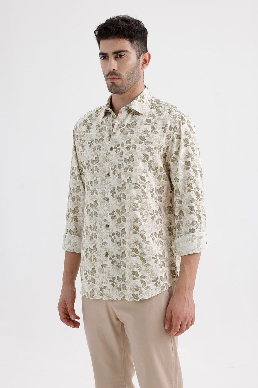 BASICS SLIM FIT NOMAD BROWN COTTON LINEN PRINTED SHIRT