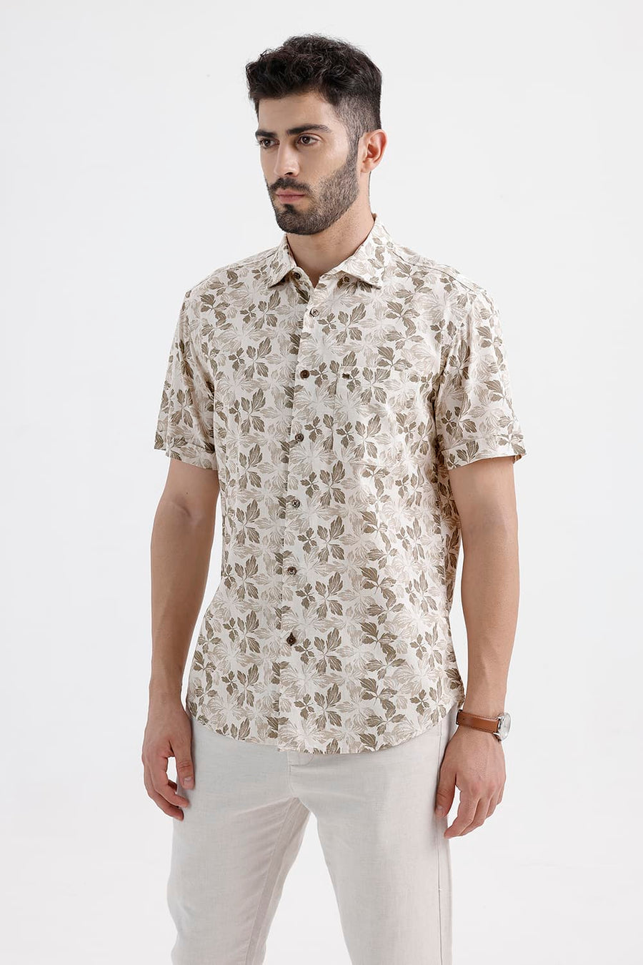 BASICS SLIM FIT NOMAD BROWN COTTON LINEN PRINTED HALFSLEEVES SHIRT