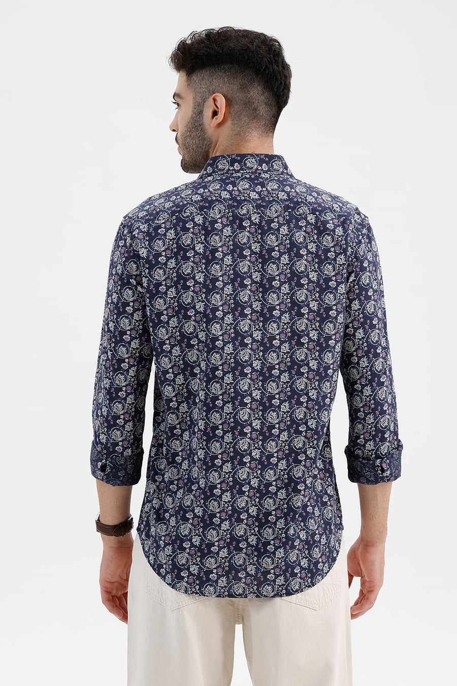 BASICS SLIM FIT SPACE NAVY COTTON LINEN PRINTED SHIRT
