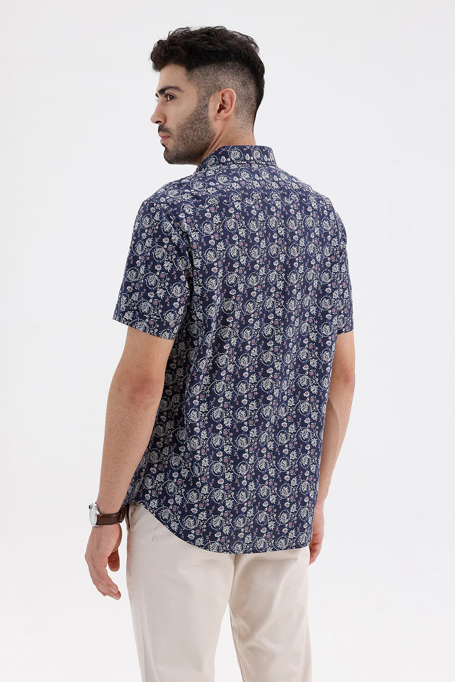 BASICS SLIM FIT SPACE NAVY COTTON LINEN PRINTED HALFSLEEVES SHIRT