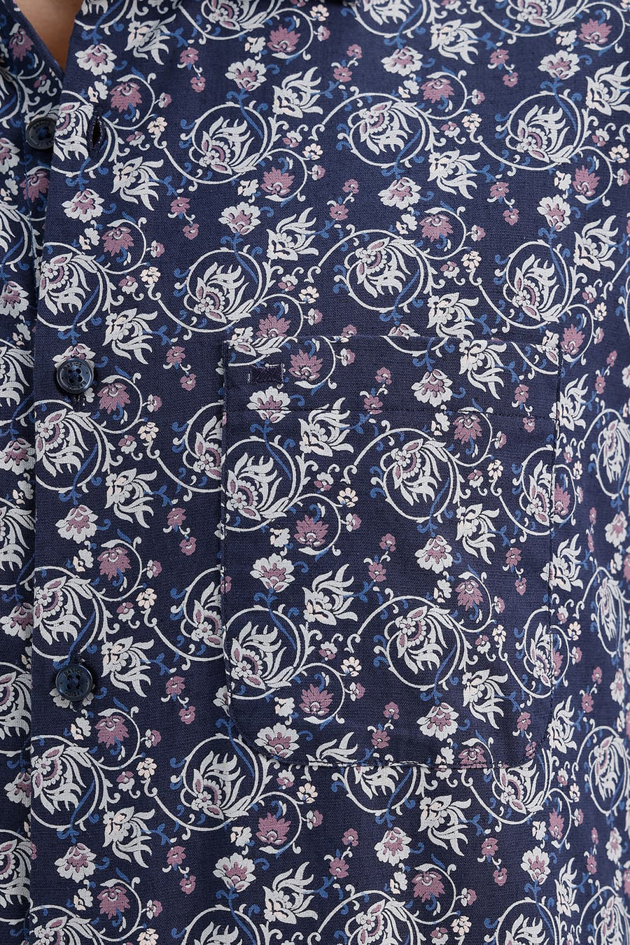 BASICS SLIM FIT SPACE NAVY COTTON LINEN PRINTED SHIRT