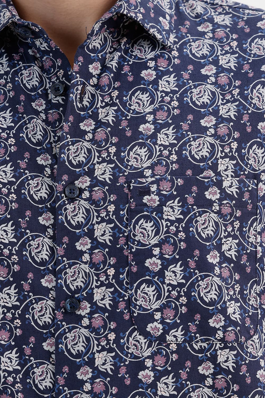 BASICS SLIM FIT SPACE NAVY COTTON LINEN PRINTED HALFSLEEVES SHIRT
