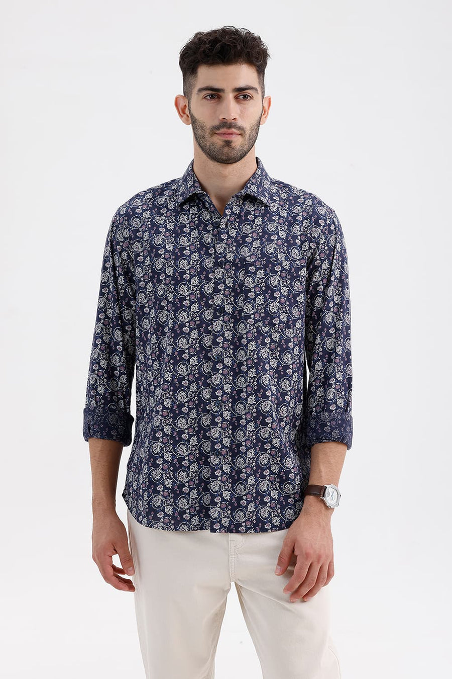BASICS SLIM FIT SPACE NAVY COTTON LINEN PRINTED SHIRT