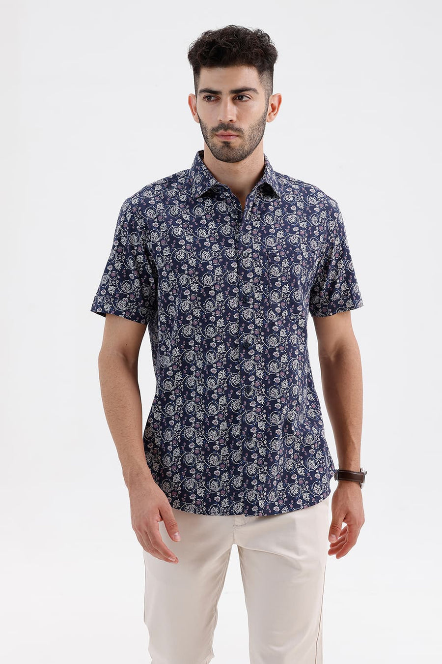 BASICS SLIM FIT SPACE NAVY COTTON LINEN PRINTED HALFSLEEVES SHIRT
