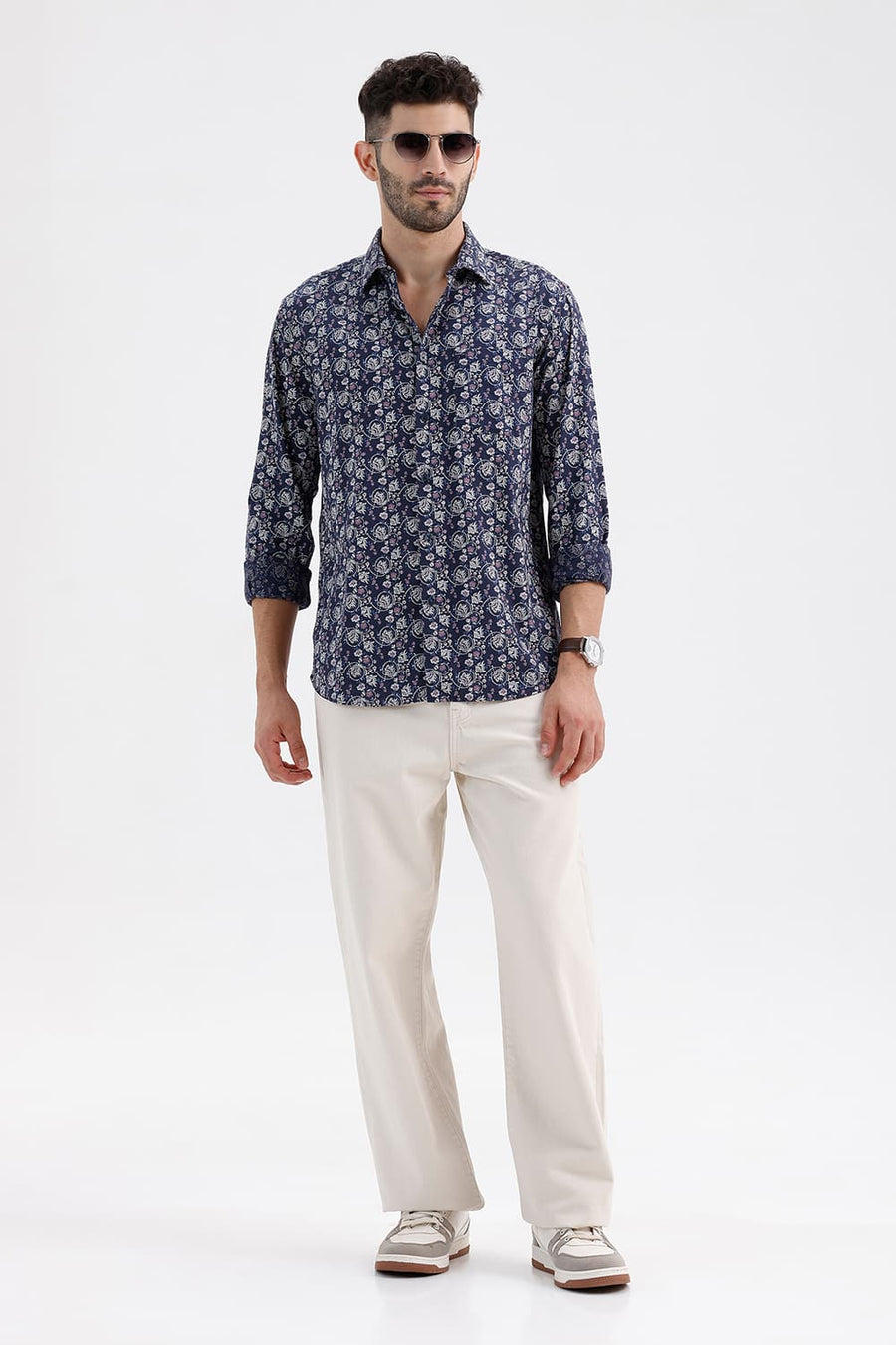 BASICS SLIM FIT SPACE NAVY COTTON LINEN PRINTED SHIRT