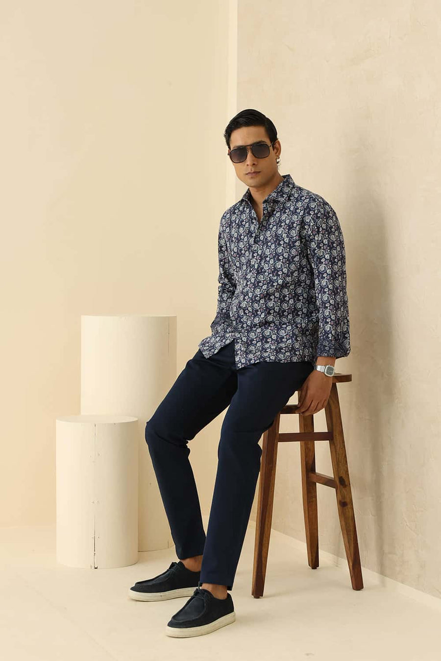 Basics Slim Fit Space Navy Cotton Linen Printed Shirt