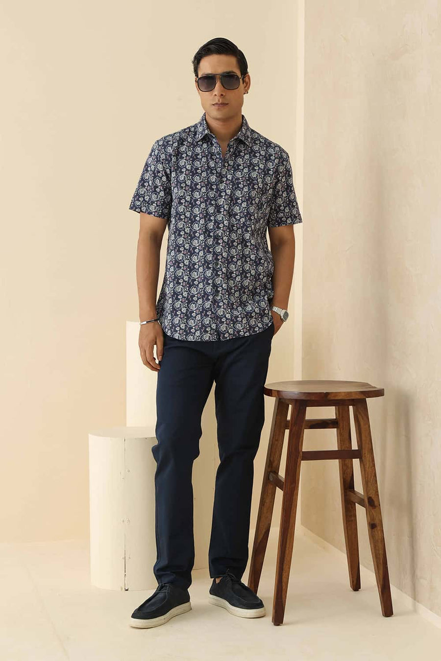 Basics Slim Fit Space Navy Cotton Linen Printed Halfsleeves Shirt