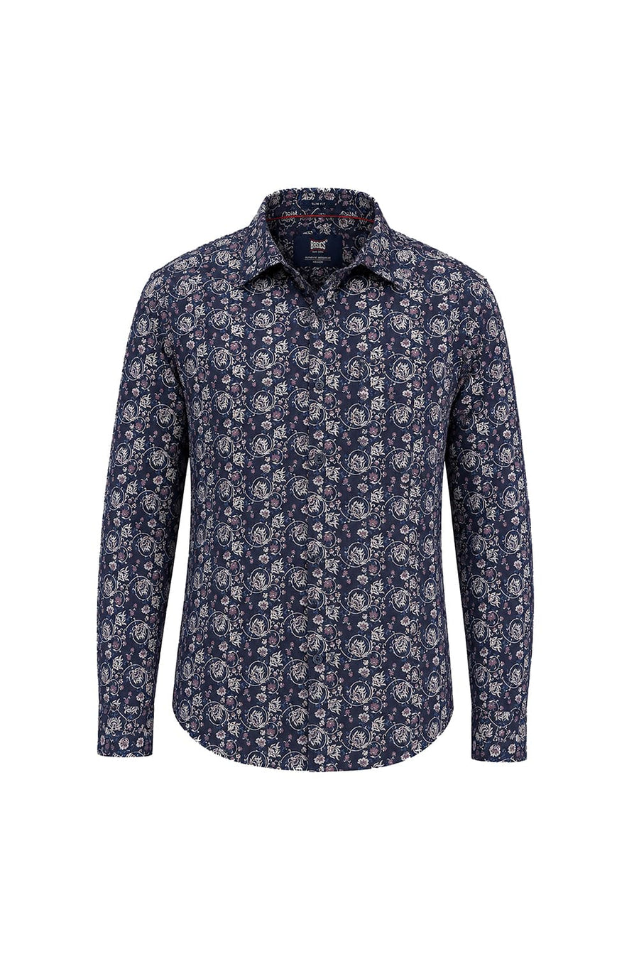 BASICS SLIM FIT SPACE NAVY COTTON LINEN PRINTED SHIRT